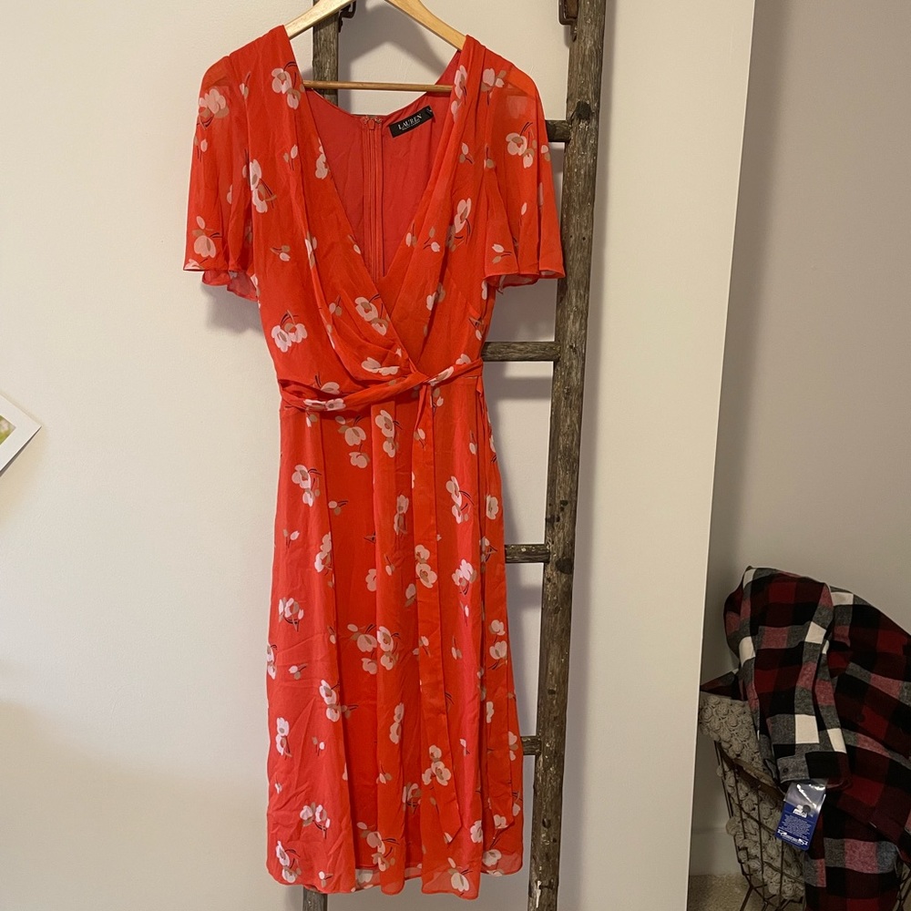 Lauren Ralph Lauren Orange Chiffon Floral Print Wrap Dress - Picture 3 of 10